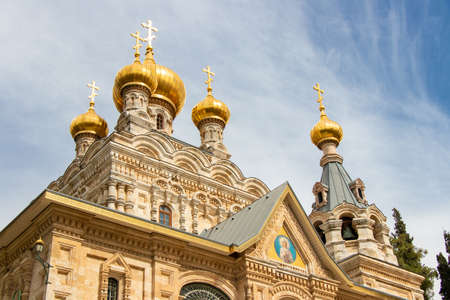 Mary Magdalene Convent on the Mount of Olives, Jerusalem. Golden domes of the Church of St. Mary Magdalene on the background of sky.の写真素材