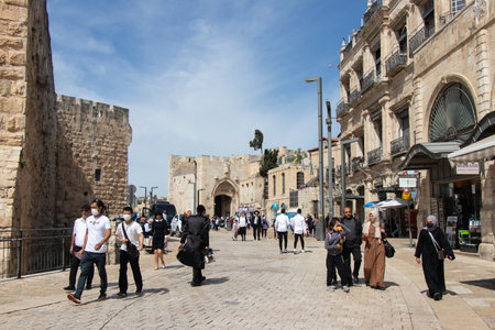 Jerusalem, Israel - April 22, 2022: Old city of Jerusalem, near the Jaffa gate, with locals and visitors. The old city of Jerusalem, Israelのeditorial素材