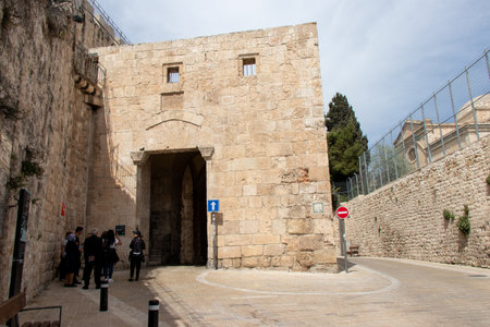 Zion Gate of the old city of Jerusalem - Israel: 22 April 2022. Historical buildings in the Holy...