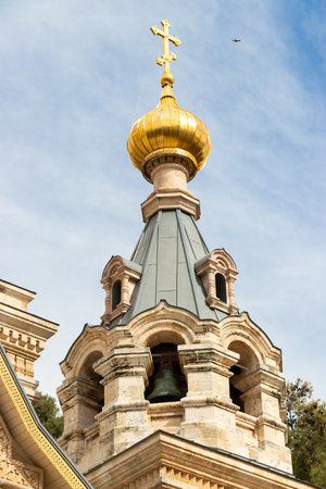 Bell tower of Mary Magdalene Church. Russian Orthodox Church at the Mount of Olives in Jerusalem, Israelの写真素材