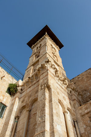The Ghawanima Minaret. The south part the Temple Mount and the Bab el Ghawanima Minaret in the Old Town of Jerusalem in Israelの写真素材