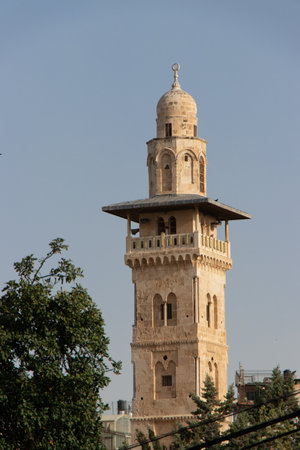 The Ghawanima Minaret. The south part the Temple Mount and the Bab el Ghawanima Minaret in the Old Town of Jerusalem in Israelの写真素材