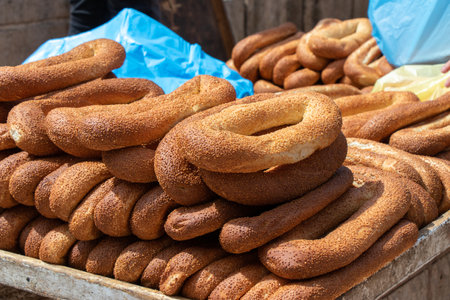 Traditional Palestinian bagels for sale in the street of old Jerusalem. Sesame Ring Breadの写真素材