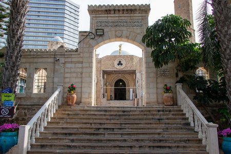 Tel Aviv-Yafo, Israel - April 23, 2022: Entrance view of Hasan Bey or Hassan Bek Mosque along Jaffa Beach. Ottoman buildings in Jaffa cityのeditorial素材