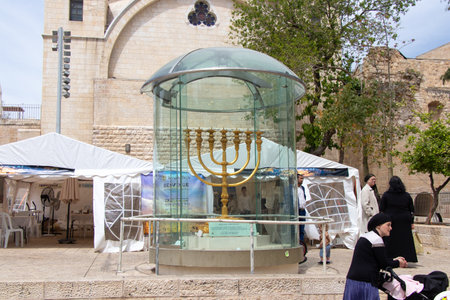 Jerusalem - Israel: April 2022. Golden Menorah - copy of one used in Second Temple in Jewish Quarter.のeditorial素材