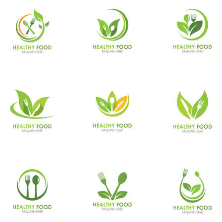 Set of Healthy Food Logo Fork With Green Leaves Decoration Vector Iconのイラスト素材