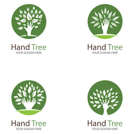 Human hands and tree with green leaves. Logo  symbol  icon  illustration  vector  template  designのイラスト素材
