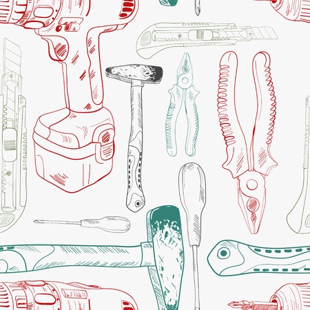 Seamless pattern, working tools in sketch style, colored shapesのイラスト素材