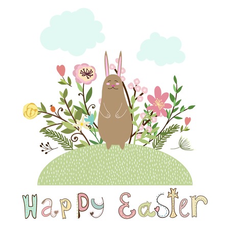 Happy easter graphic poster with bunny and flowersのイラスト素材