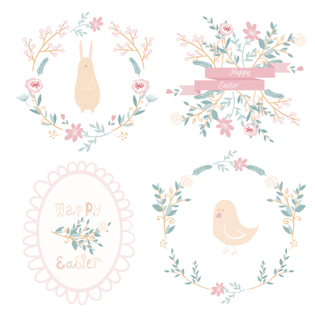 Set of vector easter frames and elements, doodle and cartoon styleのイラスト素材