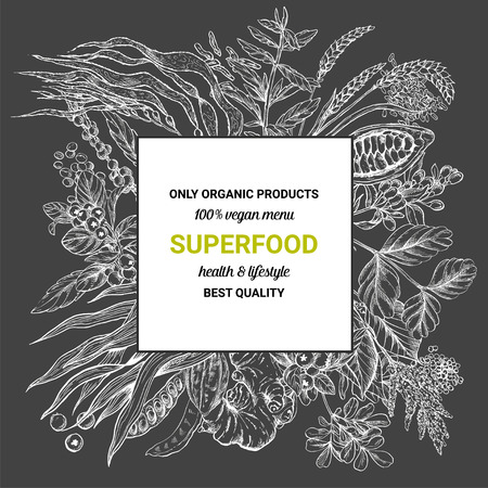 Superfood square banner,sketch vector illustration on dark background, vegan healthy food design. Kelp, cacao, ginger, moringa, blueberry, goji, stevia, seeds, grain.のイラスト素材