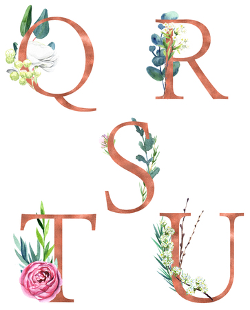 Q, R, S, T, U, Decorative floral alphabet with gold foil letters and watercolor botanical decoration.