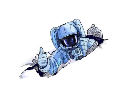 Astronaut in space suite punching through paper, isolated on white background. Hand drawn vector illustration.のイラスト素材