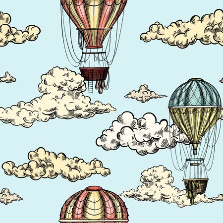 Seamless pattern with antique air balloons in skyのイラスト素材