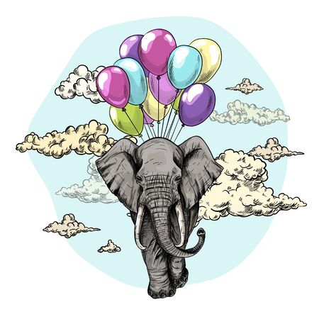 Elephant flying with air balloons in the skyのイラスト素材