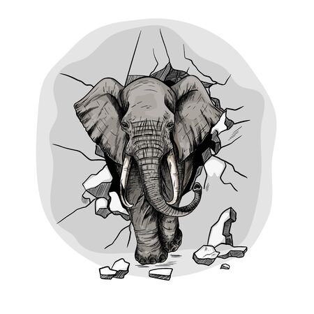elephant, crushing the wall and walking through itのイラスト素材