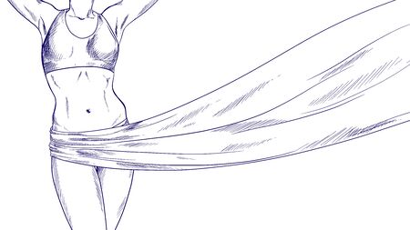 Young slim female body with flying blue fabricのイラスト素材
