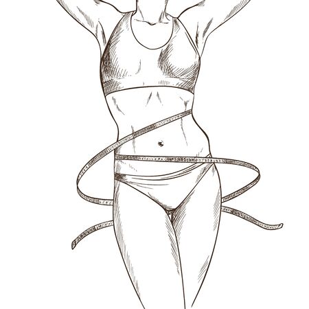 Slim woman body with measuring tape, hand drawnのイラスト素材