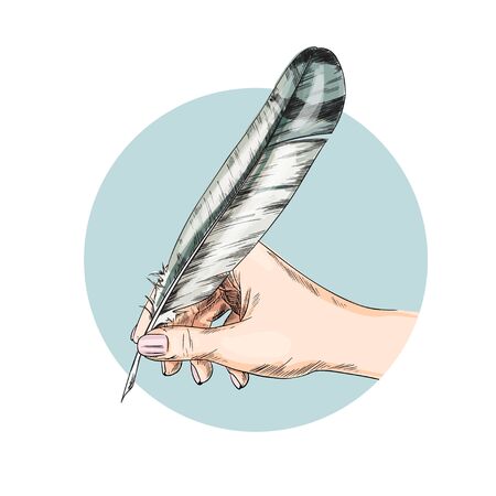 Female hand writing with quill, full colorのイラスト素材