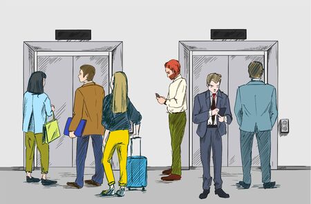 Group of people are waiting for the elevatorのイラスト素材