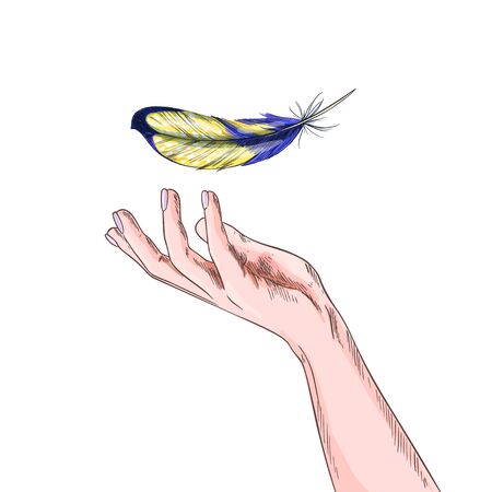Bird feather is falling to the palm of girls hand, hand drawn vector illustrationのイラスト素材