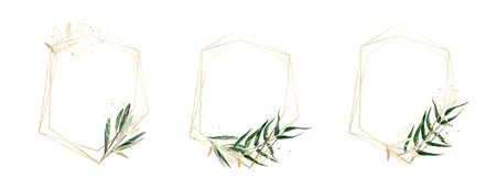 Three golden frames decorated with watercolor floral elements and golden plants and gold paint splashes, hand drawn vector illustrationのイラスト素材