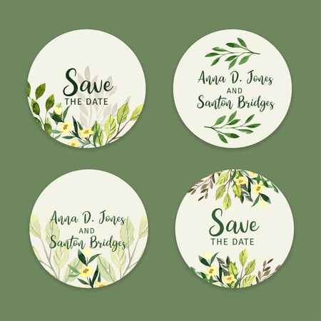 Set of wedding stickers, watercolor greenery labelsのイラスト素材