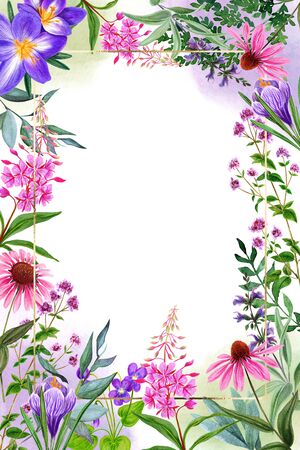 Field flowers watercolor greeting card template, pink and violet tintsの写真素材