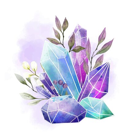 Watercolor gems, crystals and leaves, hand drawn watercolorの写真素材