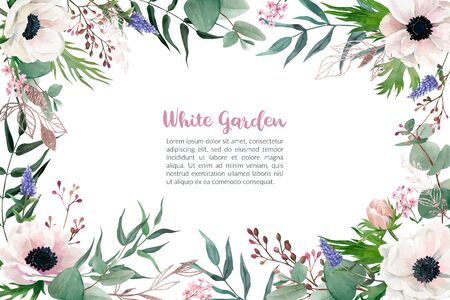 Watercolor blush pink anemones, frame, hand drawn vectorの写真素材
