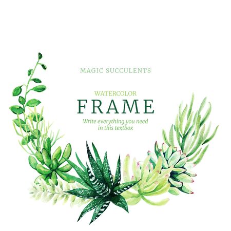 Watercolor wreath frame composed of bright full color succulentsのイラスト素材