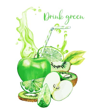 Green fruits composition with green juice splashのイラスト素材