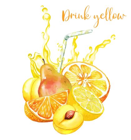 Yellow fruits composition with yellow juice splashのイラスト素材