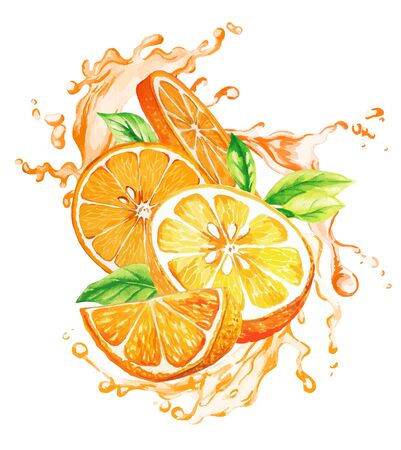 Orange fruit and leaves in the splash of orange juiceのイラスト素材
