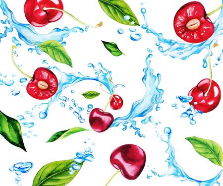 Fresh watercolor cherries and leaves among water splashesの写真素材