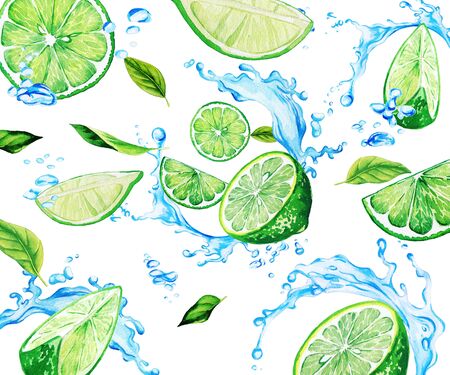 Fresh watercolor lime slices and leaves among water splashes and drops, hand drawn watercolor background, watercolor illustrationの写真素材