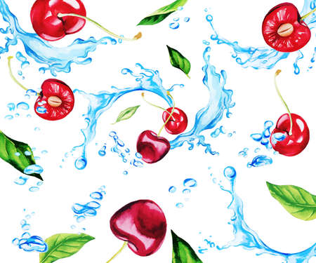 Fresh watercolor cherries and leaves among water splashesの写真素材
