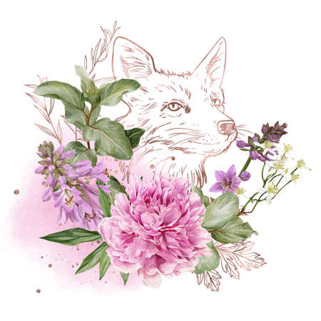 Lush peonies, hosta flowers and silverberry branchesの写真素材