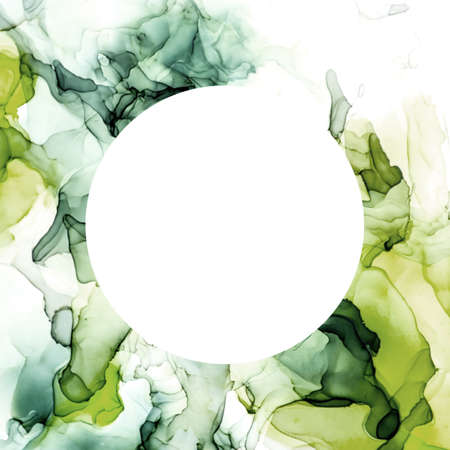 Round banner, green shades watercolor background, wet liquidの写真素材