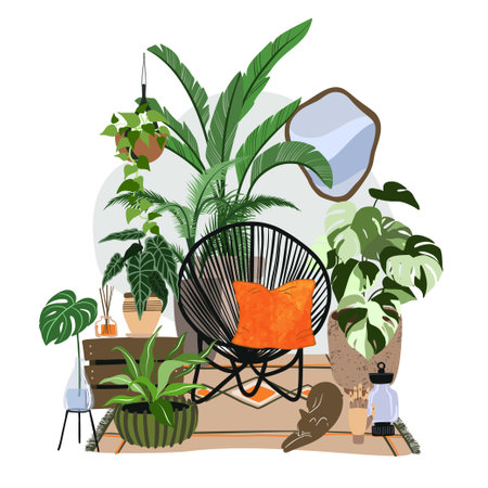 Cozy scandi room interior with a lot of plants in pots illustrationのイラスト素材