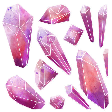Watercolor gems set, pink crystals, wet textureのイラスト素材