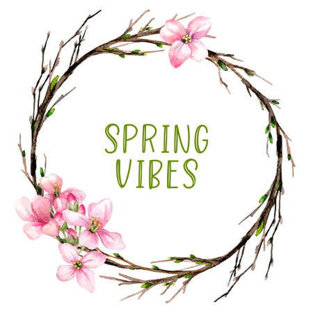 Easter wreath with flowers, hand drawn vectorのイラスト素材