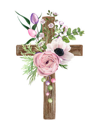 Easter christian cross with anemone flowers, easter decorationの写真素材