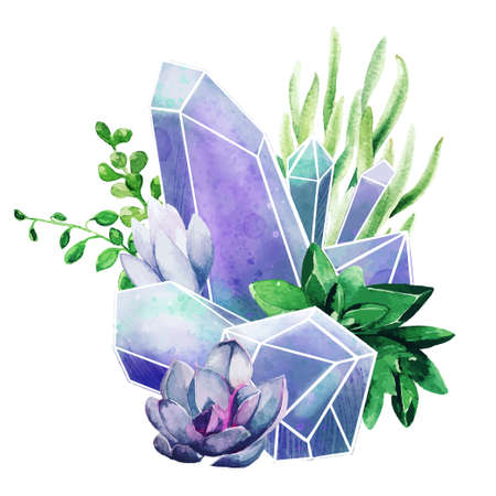 Crystal gems with succulents, full color decorative artのイラスト素材