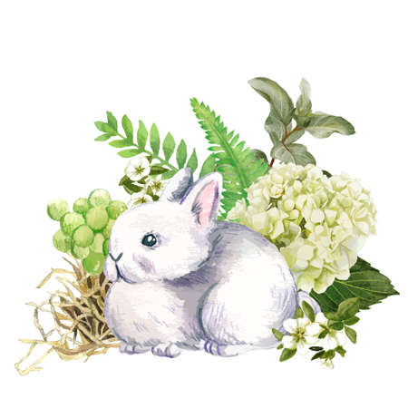 Cute gray rabbit with flowers, Hand drawnのイラスト素材