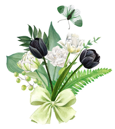 White and black tulips bouquet with green bowのイラスト素材