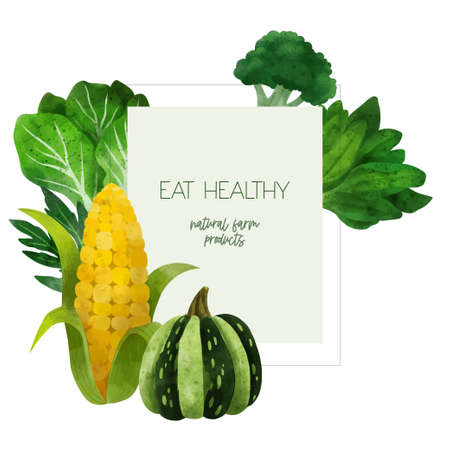 Summer veggies banner, hand drawn vector watercolor illustrationのイラスト素材