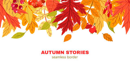 Fall leaves seamless border, hand drawn vector flat illustrationのイラスト素材