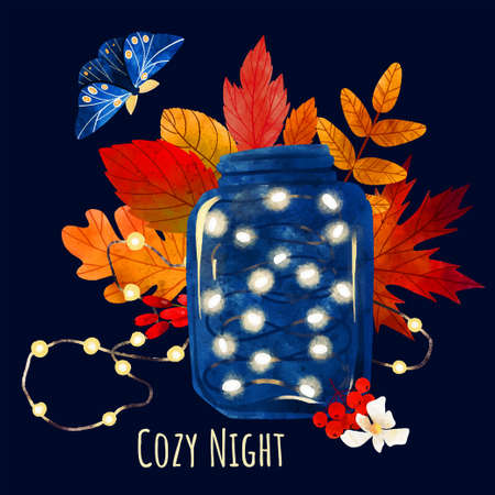 Cozy autumn evening, card design, hand drawn artのイラスト素材