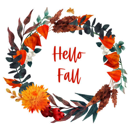 Fall wreath, floral autumn frame, hand drawn vectorのイラスト素材